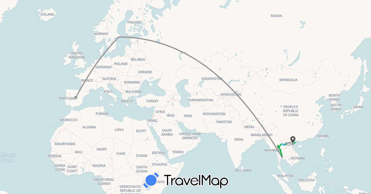 TravelMap itinerary: driving, bus, plane, train, hiking, boat, motorbike in Spain, Laos, Sweden, Thailand, Vietnam (Asia, Europe)